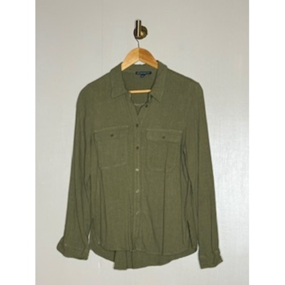 Adrianna Papell Olive Green Linen Blend Button Down Shirt Womens Small